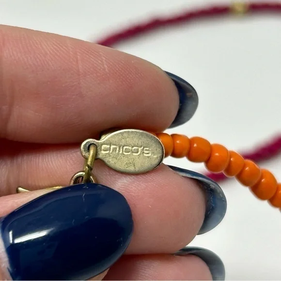 Chico's Boho Pink, Red and Orange Long Necklace with Gold Tone Heart and Tassel - Picture 5 of 6